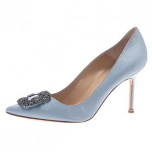 Pre Owned Manolo Blahnik Grey Satin Hangisi Embellished Pumps Size 39.5