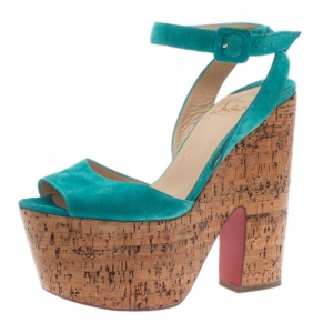 Christian Louboutin Blue Suede Super Dombasle Platform Cork Wedge Ankle Strap Sandals Size 38