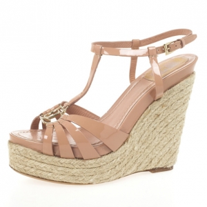 Pre Owned Christian Dior Nude Patent CD2 T Strap Espadrilles Wedges Size 38.5