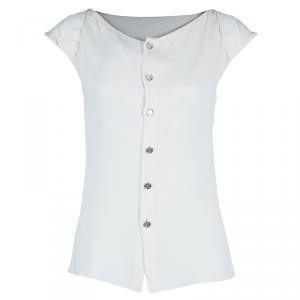 Pre Owned Chanel White Button Down Short Sleeve Top M