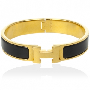 Pre Owned Hermes Clic H Black Enameled Gold Plated Bracelet