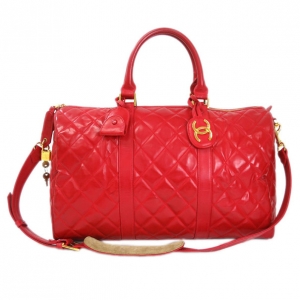 Pre Owned Chanel Red Patent Leather Boston Bag