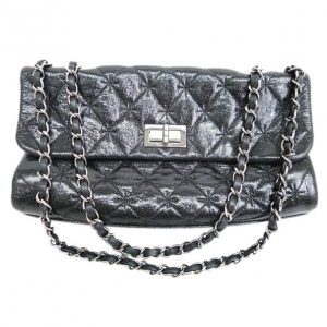 Pre Owned Chanel Black Crackled Leather Flap Bag