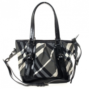 Pre Owned Burberry Black Beat Check Nylon Lowry Tote