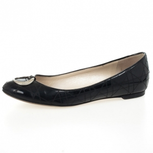 Pre Owned Christian Dior Black Patent Cannage Ballet Flats Size 38