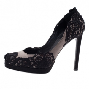 Pre Owned Giorgio Armani Satin and Lace Peep Toe Pumps Size 37.5
