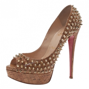 Pre Owned Christian Louboutin Cork Lady Peep Toe Spike Pumps Size 38