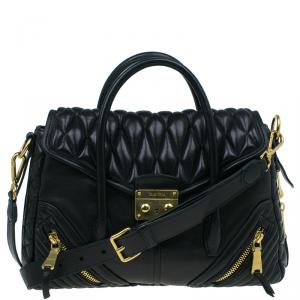 Pre Owned Miu Miu Black Quilted Nappa Biker Leather Zipper Satchel Bag