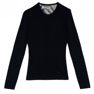 Pre Owned Burberry Long Sleeve Black T-Shirt with Novacheck Sleeve Patch XS