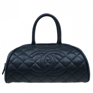 Pre Owned Chanel Black CC Quilted Caviar Small Bowler Bag