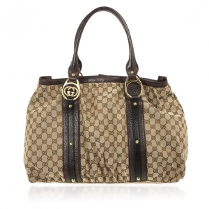 Pre Owned Gucci Monogram GG Canvas Interlocking Medium Tote With Interlocking G Ornament and Studs