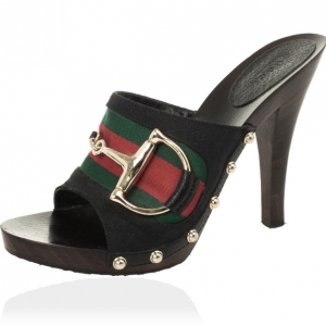 Pre Owned Gucci Black Monogram ‘Icon Bit’ High Heel Clogs Size 37