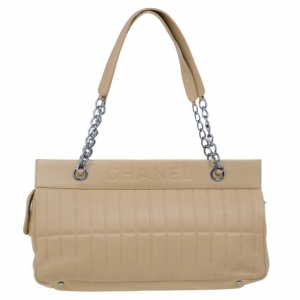 Pre Owned Chanel Beige Leather East-West Shoulder Bag