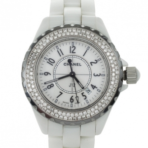 Pre Owned Chanel J 12 White Ceramic Diamonds Womens Wristwatch 33 MM 