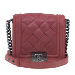 Pre Owned Chanel Dull Red Sueded Bull Small Boy Flap Bag