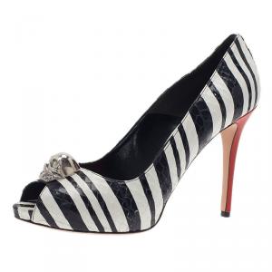Pre Owned Alexander McQueen Striped Skull Embellished Peep Toe Pumps Size 41