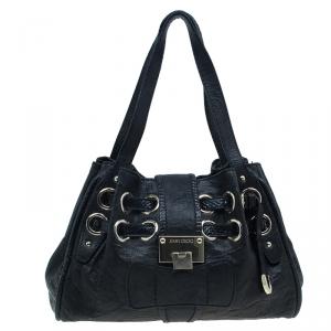 Pre Owned Jimmy Choo Black Leather Python Trim Riki Stamped Shoulder Bag