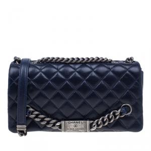 Pre Owned Chanel Navy Blue Crackled Leather with Chanel Name Plate Flap Bag