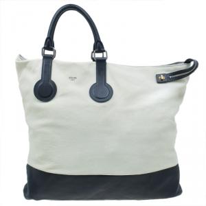 Pre Owned Celine White And Black Leather Oversized Folded Tote
