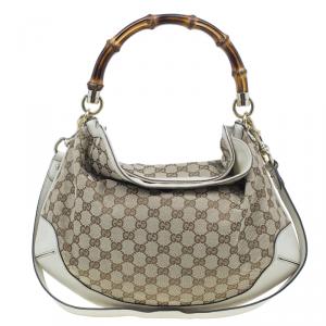 Pre Owned Gucci Beige Monogram Canvas Bamboo Handle Hobo Bag