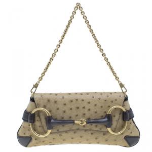 Pre Owned Gucci Beige Ostrich Leather Small Horsebit Clutch
