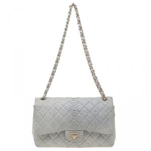 Pre Owned Chanel Grey Python Jumbo Classic Double Flap Bag