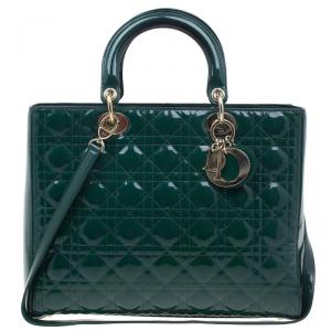 Pre Owned Dior Green Patent Leather Large Lady Dior Bag