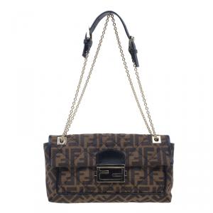 Pre Owned Fendi Brown Zucca Canvas Baguette Chain Flap Bag