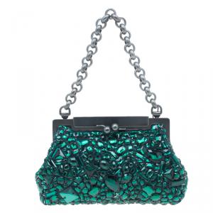 Pre Owned Dolce and Gabbana Green Satin Sarah Crystal Purse