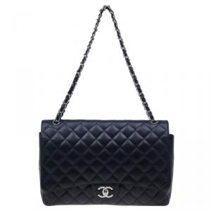 Pre Owned Chanel Black Caviar Maxi Classic Double Flap Bag