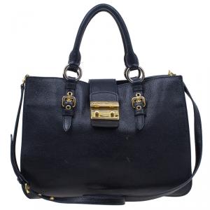 Pre Owned Miu Miu Black Leather Madras Executive Tote