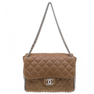 Pre Owned Chanel Brown Leather Maxi Chain Around Flap Bag