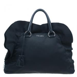 Pre Owned Prada Black Tessuto Ruffle Trim Bowler Bag