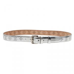 Pre Owned Louis Vuitton Silver Leather Mahina Perforated Belt Size 90CM