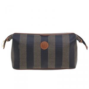 Pre Owned Fendi Brown Pequin Large Cosmetic Bag