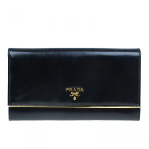 Pre Owned Prada Black Leather Spazzolato Metallic Flap Wallet