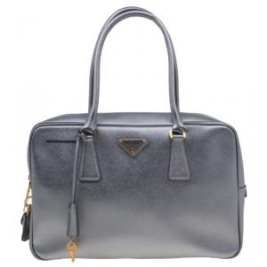 Pre Owned Prada Metallic Siver Saffiano Zip Around Lux Bag