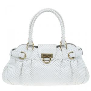 Pre Owned Salvatore Ferragamo White Python Marisa Satchel