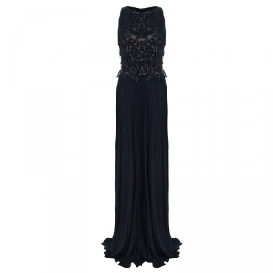 Pre Owned Tadashi Shoji Black Bead Embellished Gown L