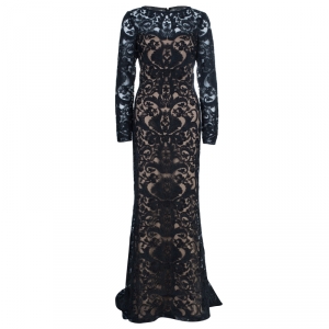 Pre Owned Tadashi Black Zardosi Embroidered Lace Dress M
