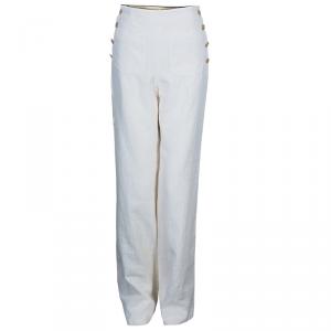 Pre Owned Chanel Off-white Linen Wide Leg Trousers M