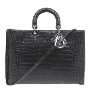 Pre Owned Dior Grey Crocodile Extra Large Lady Dior Tote