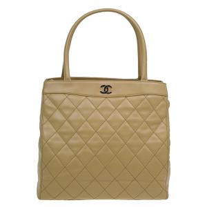 Pre Owned Chanel Beige Quilted Lambskin Leather Large Tote Bag