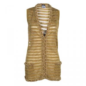 Pre Owned Chanel Ochre Pearl Embellished Sleeveless Vest Top S
