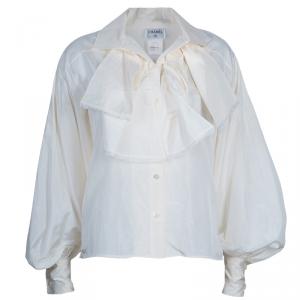 Pre Owned Chanel White Front Ruffle Silk Top S