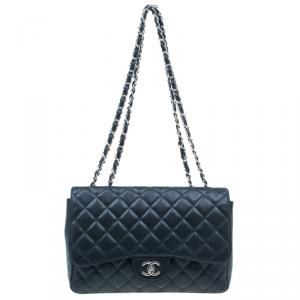 Pre Owned Chanel Black Quilted Caviar Leather Jumbo Classic Flap Bag