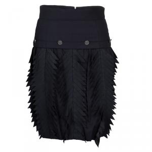 Pre Owned Chanel Navy Blue Pin Striped Triangular Applique Detail High Waist Skirt M