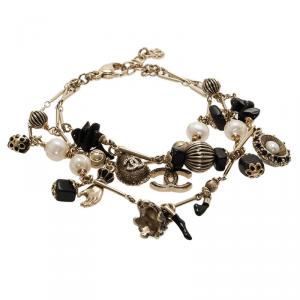 Pre Owned Chanel CC Faux Pearl Charm Gold Tone Bracelet