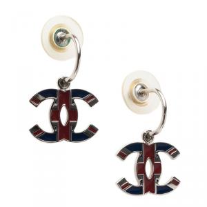 Pre Owned Chanel CC Union Jack Multi Color Enamel Silver Tone Earrings