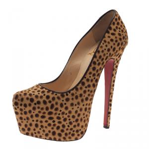 Pre Owned Christian Louboutin Leopard Pony Hair Daffodile Platform Pumps Size 35